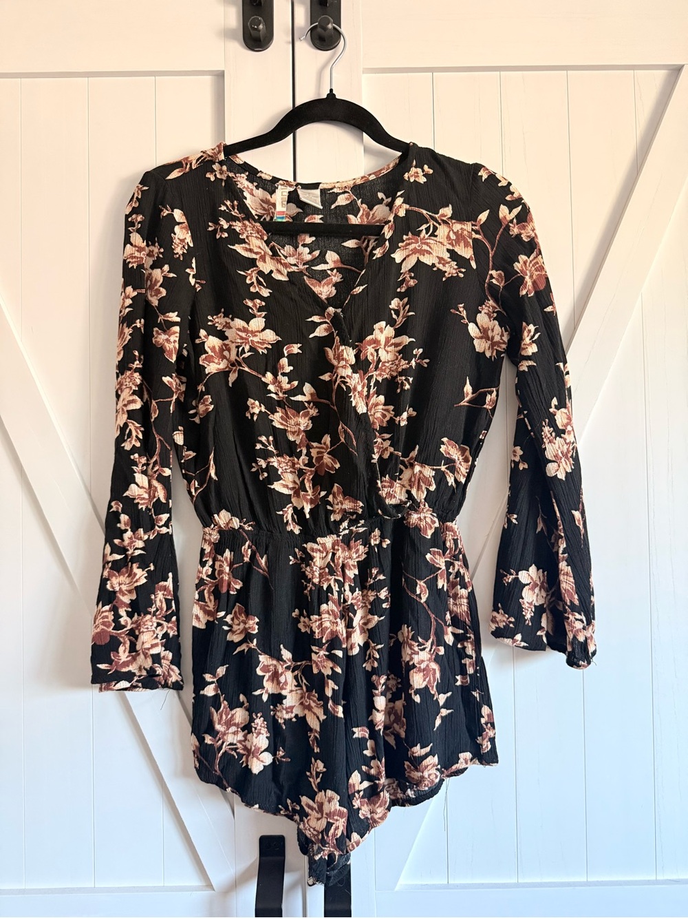 Black Floral Long-Sleeve Romper with Blush Floral Print